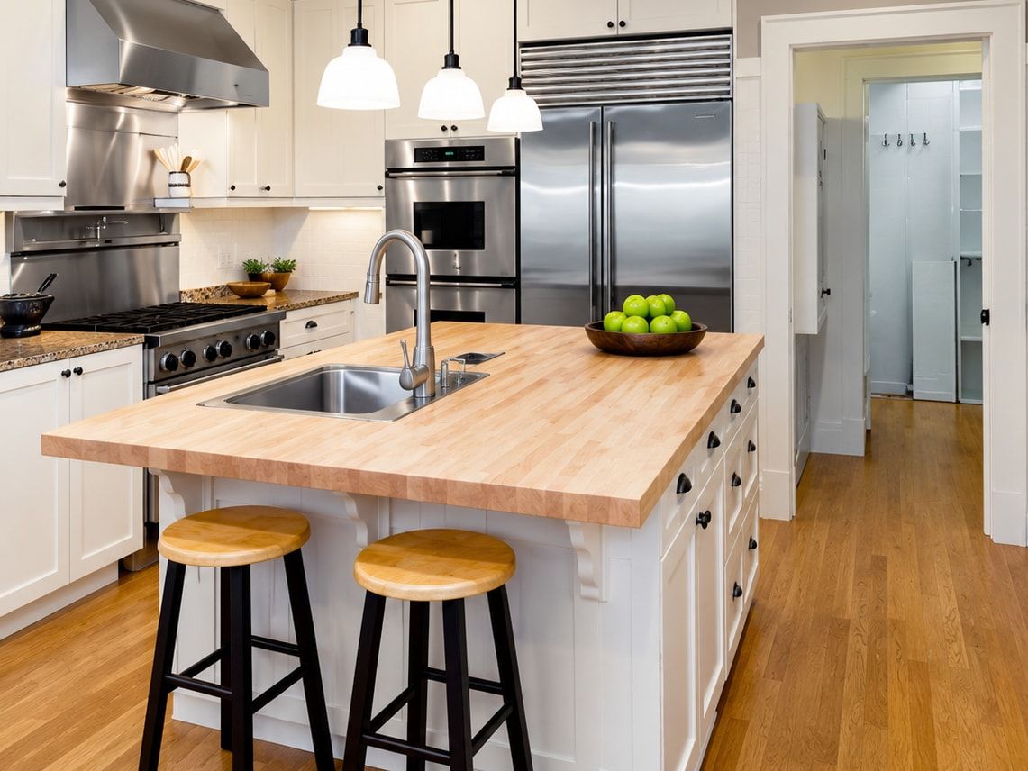 White kitchen with an island topped in butcher-block wood, a sink, and two stools.
