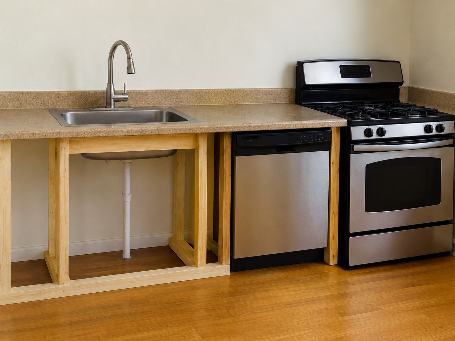 Kitchen countertop with the sink and faucet still in place over an open wooden cabinet frame, next to a dishwasher and a stove.